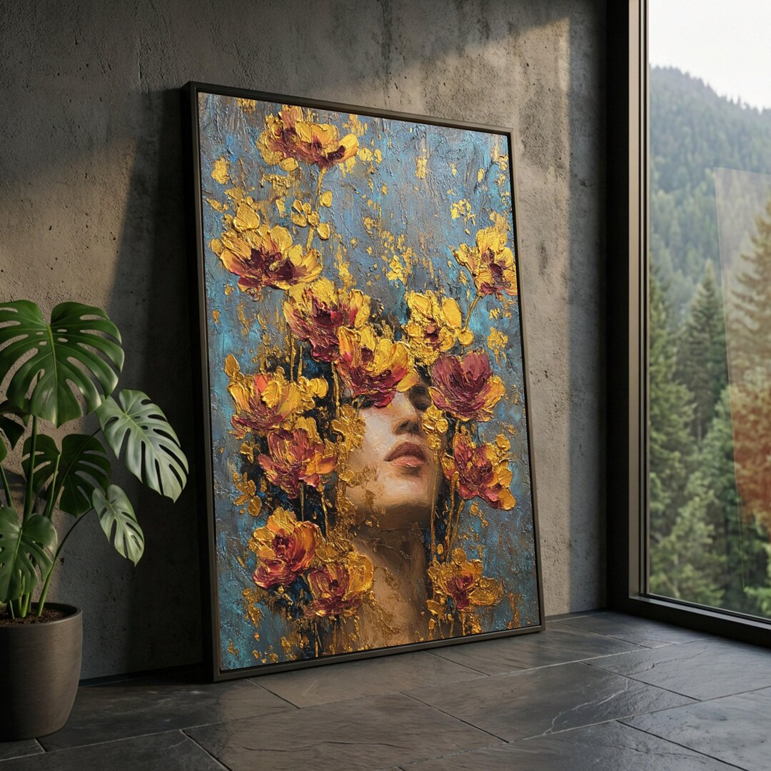 Abstract Floral Portrait Canvas, Gold Flower Art, Woman Face Painting ...