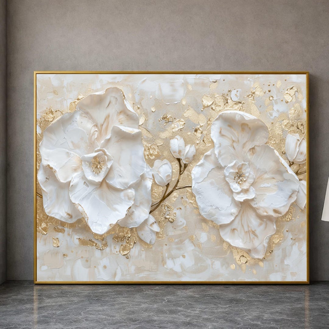 Elegant White Floral Canvas Wall Art, Gold Accent Flower Painting ...