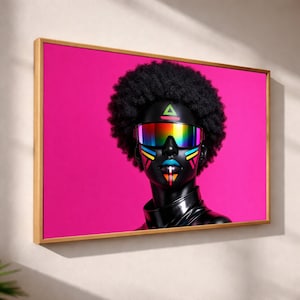 Futuristisches Afro Portrait, Neon Gesichtsfarbe Wandkunst, Regenbogen Visier Leinwand, kräftiger rosa Hintergrund, moderne Dekoration