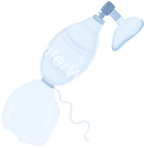May include: A light blue manual resuscitator bag with a clear mask attached to the top via a short tube. The main bulbous reservoir is connected to a flexible, translucent bag at the base, featuring a thin, wavy cord extending from the connection point.