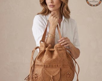 Moroccan Leather Bag, Handmade Boho Bucket Bag, Tooled Leather Purse, Artisan Shoulder Bag, Berber Handbag, Marrakech Style Gift