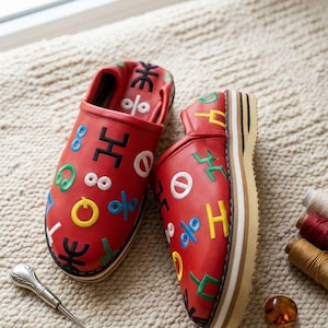 Könnte beinhalten: Rote Leder-Slipper mit bunten, gestickten Symbolen. Die Schuhe haben eine dicke Sohle mit Streifenmuster. Eine Ahle und ein kleiner bernsteinfarbener Stein sind ebenfalls zu sehen.