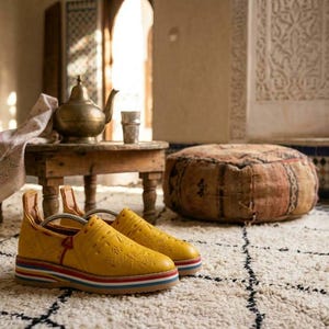 May include: A pair of yellow slip-on shoes with a multi-colored striped platform sole. The shoes have a textured design and are placed on a white rug with a black geometric pattern. A small wooden table with a teapot and glass sits in the background.
