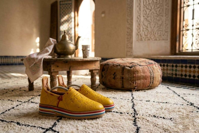 May include: A pair of yellow slip-on shoes with a multi-colored striped platform sole. The shoes have a textured design and are placed on a white rug with a black geometric pattern. A small wooden table with a teapot and glass sits in the background.