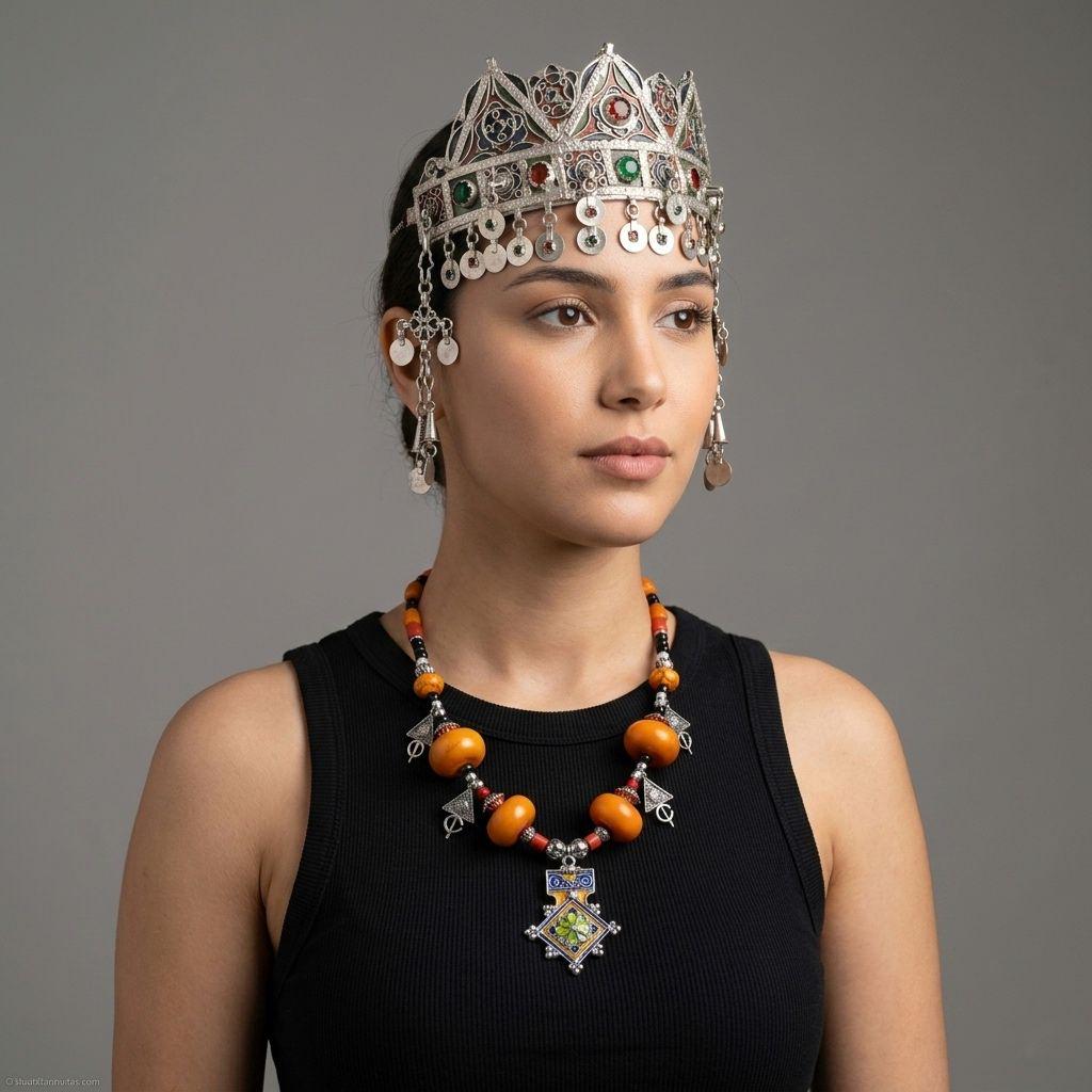 Magnfque parure de tête berbère en argent émallé et Coral. | Bjoux