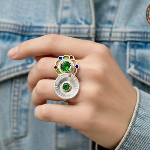 Moroccan Amazigh Silver Ring with Green Stone, Handmade Boho Ethnic Ring, Berber Jewelry, Adjustable Statement Ring  - BerbereGlow™