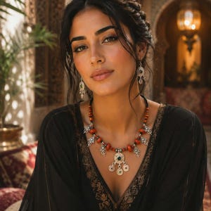 Peut inclure: Une femme porte une robe noire et des bijoux ornés. Le collier est composé de perles rouges, d'éléments argentés et d'un pendentif central avec des pierres vertes. Des boucles d'oreilles assorties complètent l'ensemble. Le fond a un thème arabe.