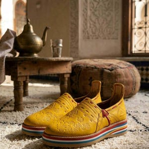 May include: A pair of yellow leather slip-on shoes with intricate embossed patterns. The shoes have a multi-colored striped sole and a high back. They are placed on a white rug with a black geometric design. The background includes a small wooden table and a brass teapot.