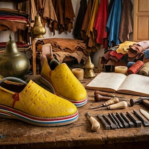 May include: A pair of yellow leather slip-on shoes with a multi-colored striped sole. The shoes are on a wooden table with leather scraps, tools, and an open book. The background shows a workshop setting.