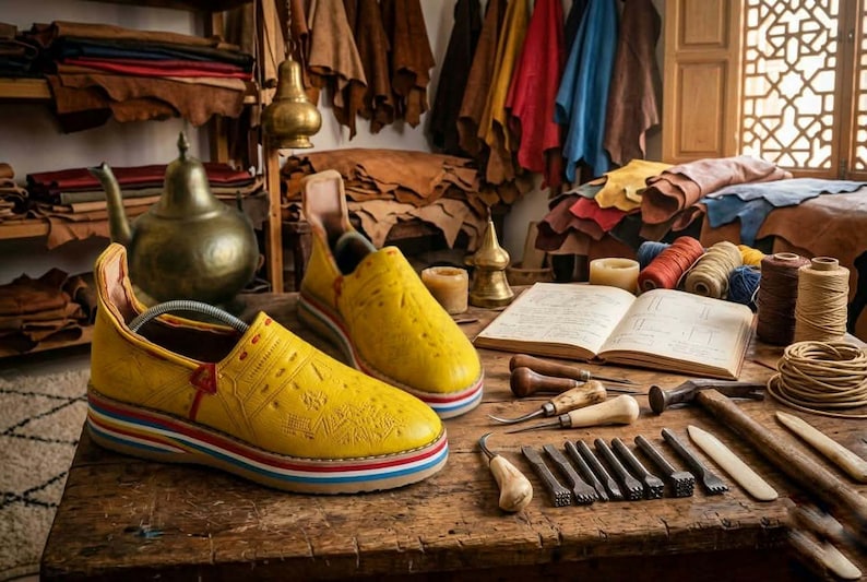 May include: A pair of yellow leather slip-on shoes with a multi-colored striped sole. The shoes are on a wooden table with leather scraps, tools, and an open book. The background shows a workshop setting.