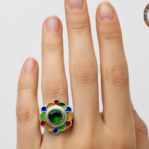 Handmade Silver Ring with Green Gemstone - Colorful Enamel Flower Ring, Artisan Boho Jewelry for Women  - BerbereGlow™