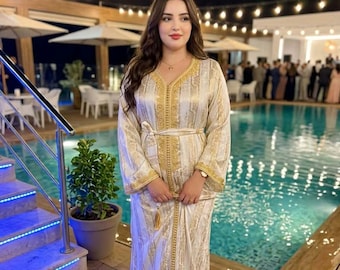 Moroccan Caftan Dress Jawhara for Women – Luxury Kaftan with Belt – Elegant Wedding Guest Outfit – Traditional Embroidered Caftan