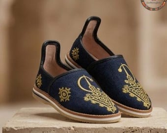 Authentic Moroccan Babouche Slippers, Handmade Embroidered Leather Shoes, Traditional Boho Indoor Slippers, Woven Mules for Women