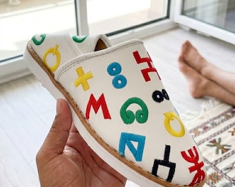 Colorful Alphabet Moroccan Babouches Slippers | Handmade Leather Slip-On Shoes | Unique Gift for Women & Men | Boho Casual Comfort Shoes