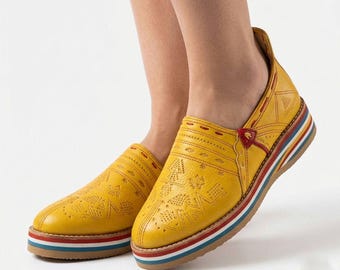 Yellow Moroccan Leather Babouches – Handmade Berber Slippers – Traditional Moroccan Shoes – Women AND MAN Leather Mule - amazigh shows