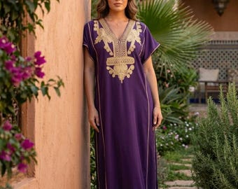 Vestido marroquí Gandoura, caftán morado bordado – Elegante vestido de verano para mujer – Vestido caftán Marrakech – Atuendo modesto para Eid