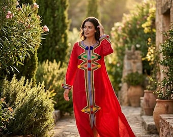 Abito caftano rosso marocchino – Caftano ricamato a mano – Abito lungo boho chic – Abito tradizionale marocchino da donna – Occasioni speciali