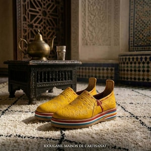 May include: A pair of yellow leather sneakers with intricate embossed patterns. The shoes have a multi-colored striped sole and a red accent on the heel. The text "IDOUGANE. MAISON DE L'ARTISANAT" is at the bottom.
