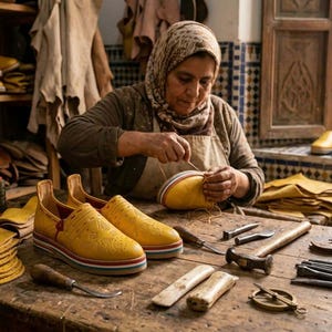 May include: A shoemaker working on a pair of yellow leather shoes with red, white, and blue stripes. The workshop features tools, leather, and finished shoes on shelves. A traditional craft in progress.