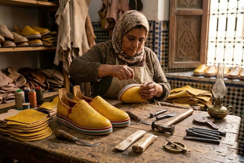 May include: A shoemaker working on a pair of yellow leather shoes with red, white, and blue stripes. The workshop features tools, leather, and finished shoes on shelves. A traditional craft in progress.