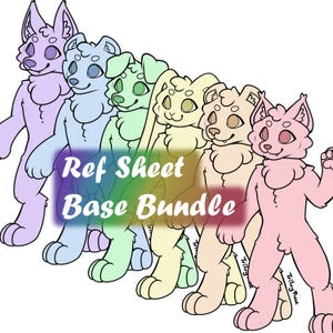 May include: A digital art image featuring a Ref Sheet Base Bundle. The image showcases six anthropomorphic animal characters in various pastel colors, including purple, blue, green, yellow, peach, and pink. The text "Ref Sheet Base Bundle" is overlaid on the image.
