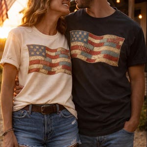 T-shirt FAUX patchwork Amerikaanse vlag, vintage Amerikaanse vlag, 250 jaar vrijheid 1776-2026, patriottisch T-shirt van 4 juli, Independence Day-cadeau