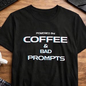 Camiseta Cyberpunk com IA, movida a café e ideias ruins, camiseta futurista de tecnologia, presente para programador, camiseta neon estilo hacker, camiseta com humor sobre IA.