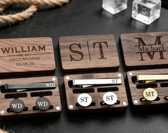 Personalized Groomsmen Cufflinks & Tie Clip Set, Engraved Walnut Wood Box