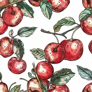 Może przedstawiać: Bezszwowy wzór z czerwonymi jabłkami z zielonymi liśćmi i brązowymi łodygami na białym tle. Jabłka są renderowane w stylu vintage, ręcznie rysowane, ze szczegółowym cieniowaniem i podświetleniami.