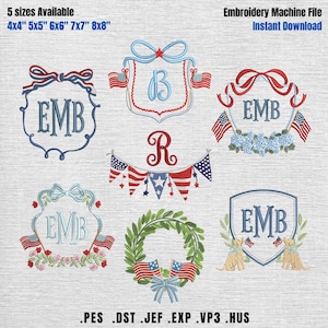 May include: An embroidery machine file with various designs. The designs include patriotic themes with American flags, bows, and floral elements. The text "EMB" and letters are featured in several designs. The file sizes available are 4x4", 5x5", 6x6", 7x7", and 8x8".