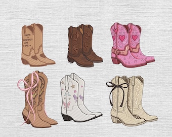 Zestaw 6 wzorów haftu na buty kowbojki Coquette, zestaw haftu na buty kowbojki w stylu western, wzór haftu rodeo w stylu country, 5 rozmiarów