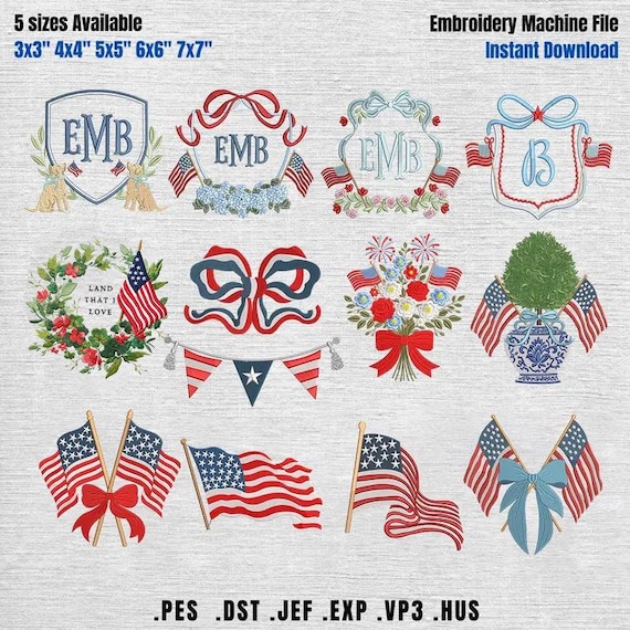 Set 13 Coquette Usa Embroidery Designs, America Flag Frame Embroidery Files, Patriotic USA 250th Pattern, USA Coquette Bow File, 5 sizes