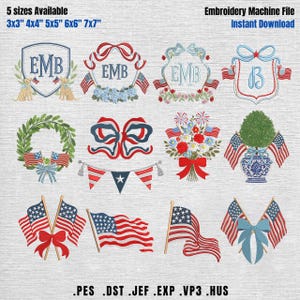Könnte beinhalten: Eine Sammlung patriotischer Stickmuster mit amerikanischen Flaggen, Schleifen, Blumenarrangements und dekorativen Wappen. Die Designs sind in Rot, Weiß und Blau gehalten und enthalten die Buchstaben "EMB" und "B". Erhältlich in 5 Größen, von 7,6 cm bis 17,8 cm.