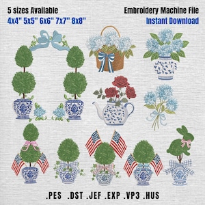May include: An embroidery machine file with various floral and topiary designs. The designs include a wreath, basket of flowers, vases, a teapot, and a bunny. The file is available in five sizes: 4x4", 5x5", 6x6", 7x7", and 8x8". The file formats include PES, DST, JEF, EXP, VP3, and HUS.