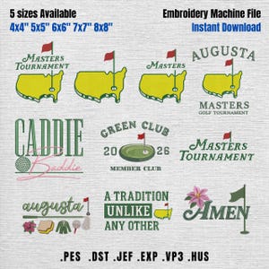 Puede incluir: Un archivo de máquina de bordar con varios diseños temáticos de golf. Los diseños incluyen "Masters Tournament", "Augusta", "Caddie Baddie" y "Green Club". Disponible en 5 tamaños, de 10,16 cm x 10,16 cm a 20,32 cm x 20,32 cm.