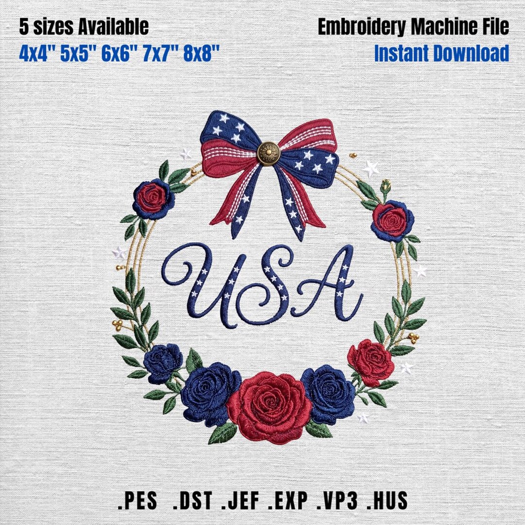 Patriotic Floral Wreath Embroidery Design, 4th of July Wreath With ...