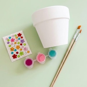 Peut inclure: Un pot de fleurs en céramique blanche, une feuille d'autocollants en forme de fleurs colorées, deux pinceaux à manche en bois et une petite bande en plastique contenant trois pots de peinture reliés en magenta, rose et bleu sarcelle.
