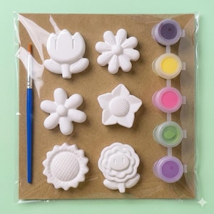 May include: A craft kit featuring six white plaster flower shapes, a blue paintbrush, and a strip of five small paint pots in purple, yellow, pink, green, and light purple. The items are arranged on a square brown cardboard backing in clear plastic.