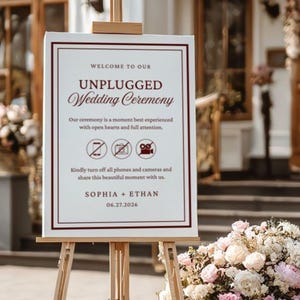 Burgunderrotes Unplugged-Zeremonie-Schild Vintage-Hochzeitsvorlage Klassisch Altes Geld Unplugged-Zeremonie-Schild-Vorlage Altes Geld Hochzeit-Willkommen Signage