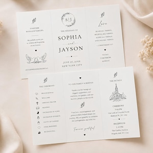 Peut inclure: Un programme de mariage blanc à trois volets avec du texte noir et des illustrations au trait. Le recto affiche les noms Sophia et Jayson, la date et le lieu. L'intérieur détaille le déroulement de la cérémonie et les informations du lieu.