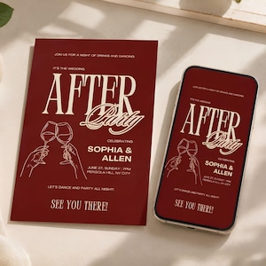 Puede incluir: Una tarjeta de invitación de color rojo oscuro para una fiesta de boda y un teléfono inteligente con el mismo diseño. El texto dice: AFTER PARTY, JOIN US FOR A NIGHT OF DRINKS AND DANCING, CELEBRATING SOPHIA & ALLEN, JUNE 27, SUNDAY, 7PM, PERGOLA HILL, NY CITY, SEE YOU THERE!