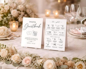 Minimalist Instax Mini 12 Instructions Sign Polaroid Guestbook Sign How to Load New Film Wedding Guest Book Canva Editable Reception Table