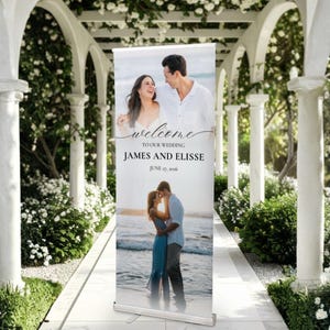 May include: A wedding welcome banner featuring a couple's photo and the words "welcome to our wedding" with the names James and Elisse, and the date June 27, 2016. The banner has a photo of the couple embracing on a beach.