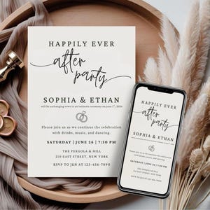 May include: A wedding invitation with the text "Happily Ever After Party" and the names Sophia & Ethan. The invitation is on a cream background, with a smartphone displaying the same design. A gold wax seal and pampas grass are also present.