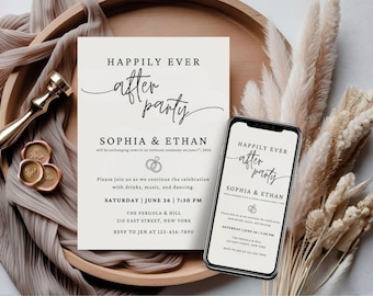 結婚披露宴の招待状、幸せいっぱいのパーティー招待状、ミニマリストな駆け落ち披露宴の招待状、編集可能な披露宴招待状DIY