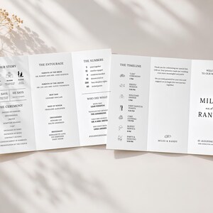 Könnte beinhalten: Ein weißes, dreifach gefaltetes Hochzeitsprogramm mit schwarzem Text und Symbolen. Das Layout enthält Abschnitte mit den Titeln Our Story, The Entourage, The Numbers, The Ceremony, The Timeline sowie eine Begrüßung für Miles und Randy.