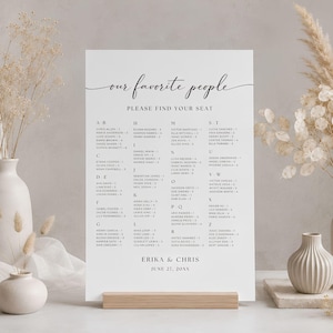 Puede incluir: Un letrero rectangular blanco de distribución de asientos para bodas con texto negro que dice our favorite people, please find your seat, y enumera nombres alfabéticamente de la A a la Z, terminando con ERIKA & CHRIS y la fecha JUNE 27, 20XX, en un soporte de madera.