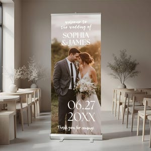 May include: A wedding welcome banner with a photo of a couple, the names SOPHIA & JAMES, and the date 06.27.20XX. The banner has the text "welcome to the wedding of" and "Thank you for coming!" in a script font. The banner is displayed in a venue.