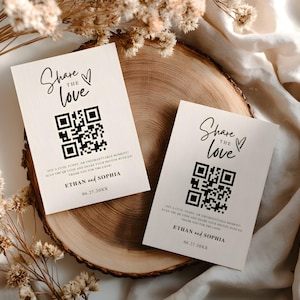 Redigerbart Dela Kärleken QR-kod Bröllopskort Canva Modernt Minimalistiskt Bröllopsfotokort Fånga Kärleken-kort Utskrivbart Dela Kärleken-kort