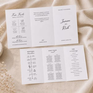 May include: Two white tri-fold wedding programs with black text. The top program features "Fun Facts About Our Couple," "Janine and Rick," and a timeline. The bottom program displays a "Wedding Timeline," "Find Your Seat," and "The Ceremony" details.